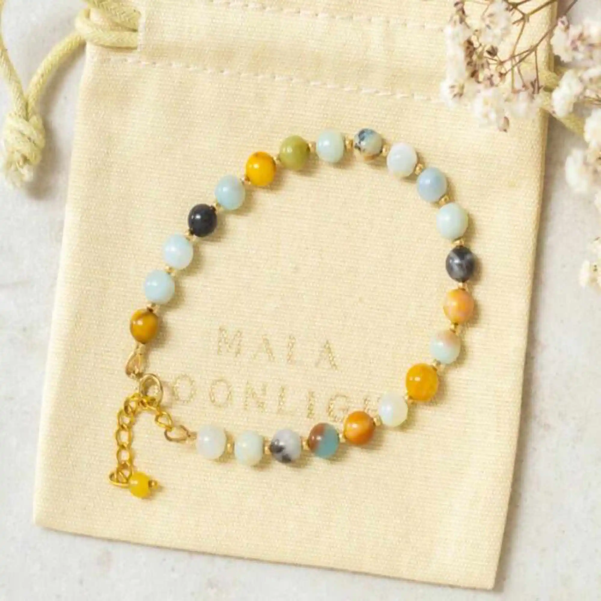 

Natural 6mm Multicolour Amazonite beads 14k Gold filled bracelet Beaded Colorful Dark Matter Bless Chic All Saints' Day