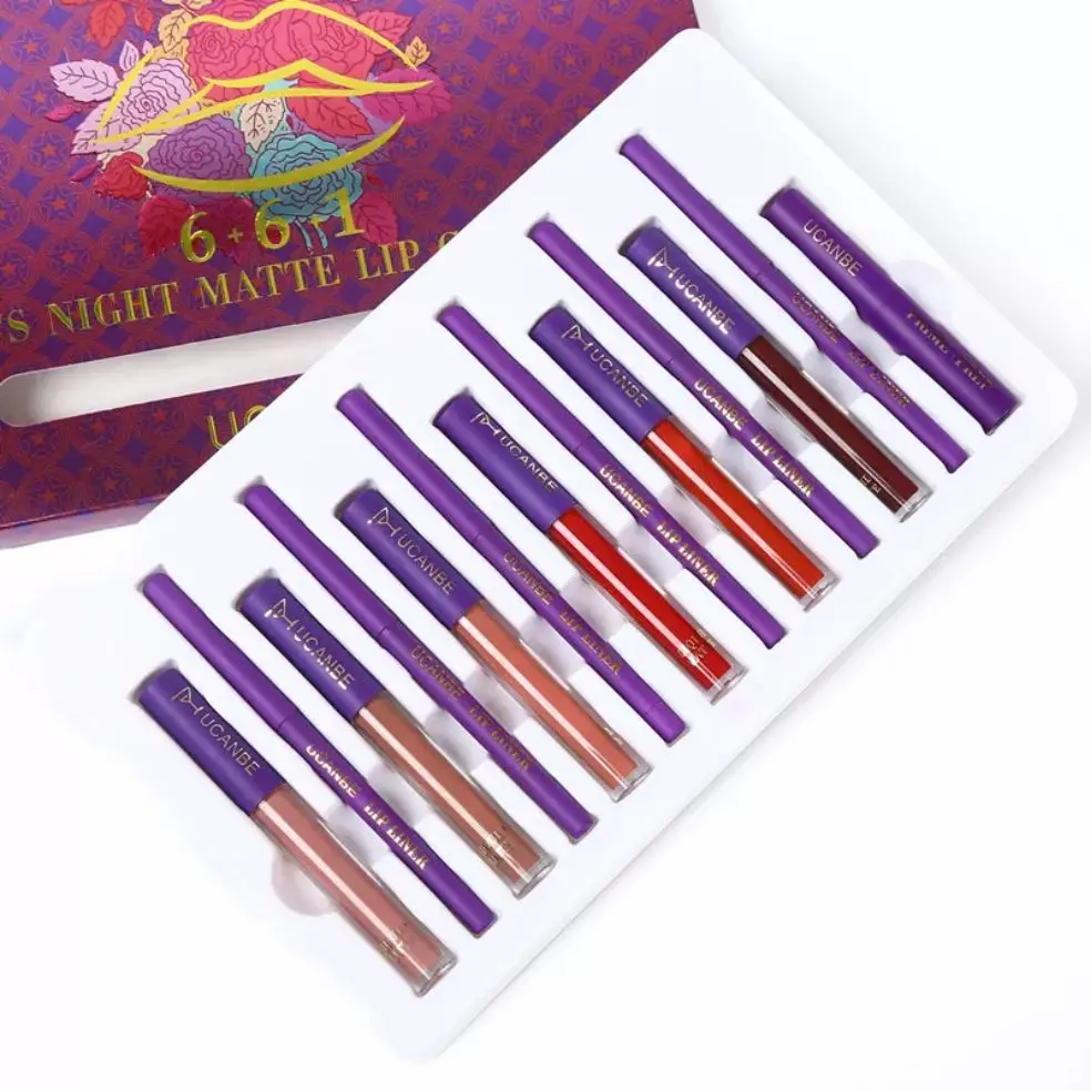 Lady's Night Lip Makeup Sets 6pcs Matte Liquid Lipstick 6pcs Lip Liners Pencil 1PC Primer Waterproof Gloss Kit lip makeup set