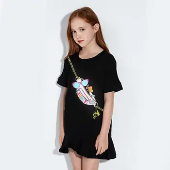 Baby Girl Casual Dress Cotton Short Sleeves Ruffled T-Shirt Dresses with Cute Pattern Black Summer Girl Dress 4