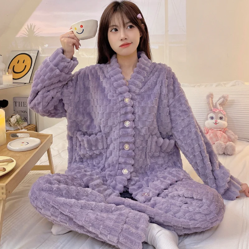 Winter New Sleepwear Women's Jacquard Long Plush V-Neck Cardigan Long Sleeve Long Pants Solid Color Simple Warm Home Fur Set