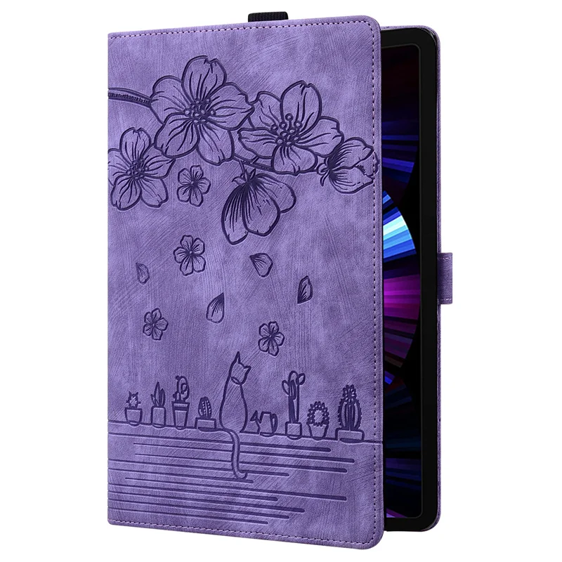Embossed Flowers PU Leather Wallet Flip Stand Cover with Cat Pattern