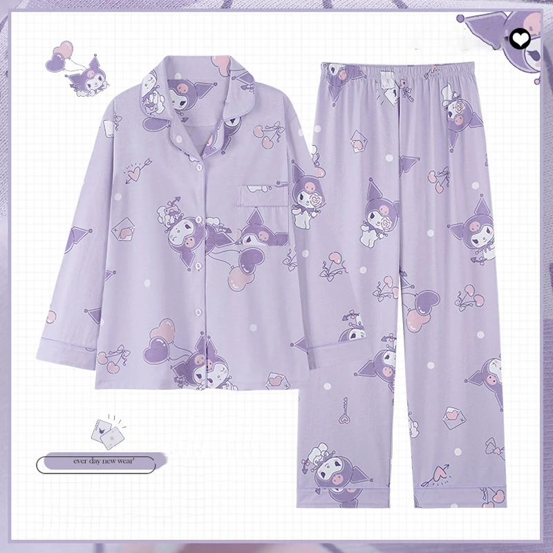

Пижама Sanrios Kuromi Pachacco Cinnamoroll для девочек, весенняя и осенняя пижама из чистого хлопка с длинными рукавами, милый домашний костюм для студентов с мультяшным рисунком