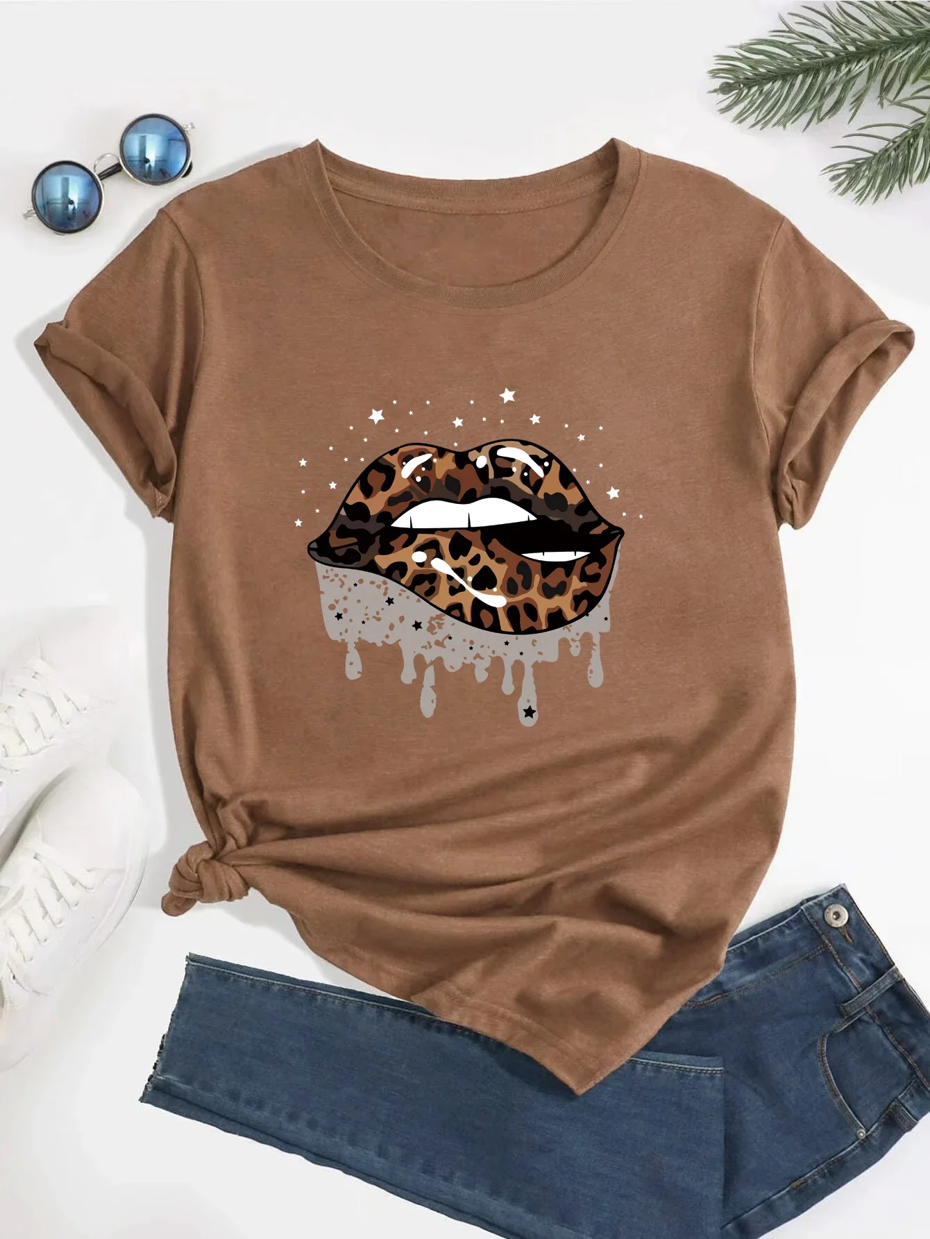 

Leopard print lips Tee，Print Crew Neck , Casual Loose Short Sleeve Fashion Summer T-Shirts Tops, Women's Clothing