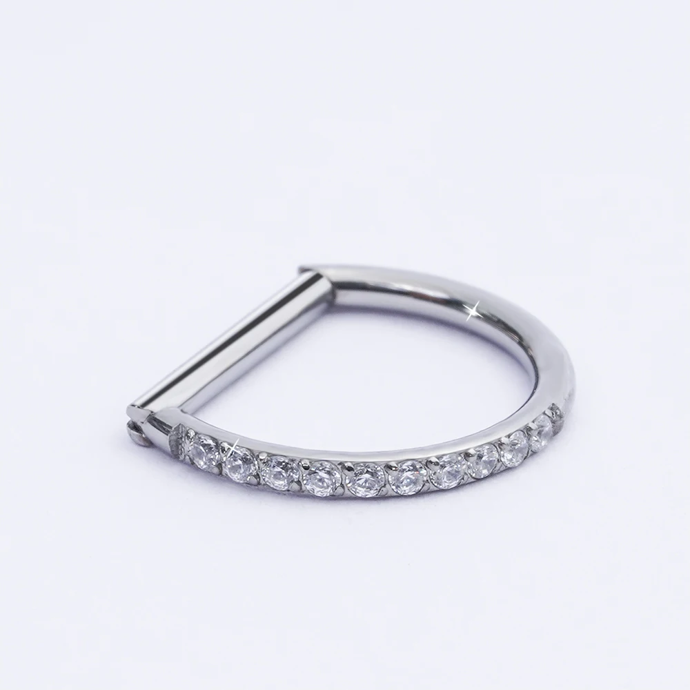 G23 Titanium Piercing Jewelry 16G 8/10/12mm Nose Ring Half Ring CZ Paved D Shape Segment Ring Clicke Cartilage Tragus Helix Lip