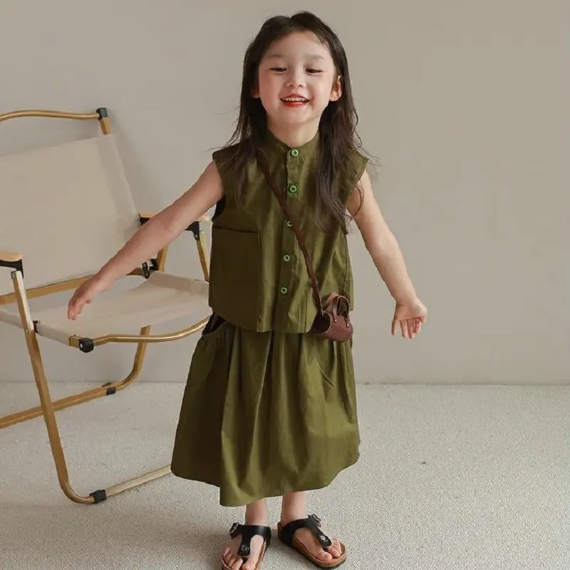 

Kids Clothes Girls set stand up collar single breasted college style top and half skirt 2024 summer new children's clothing