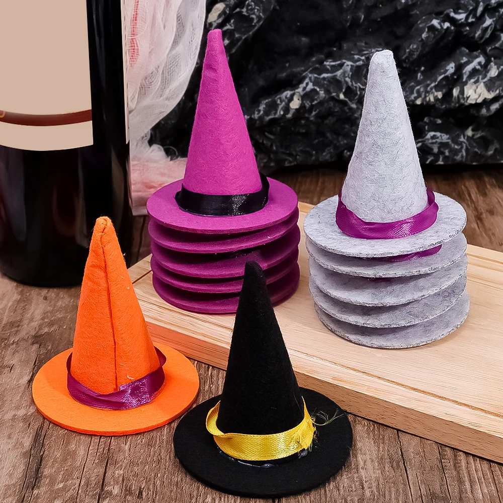 

5pcs Halloween Wine Bottle Decor Hats Mini Felt DIY Craft Hats for Halloween Party Home Bar Decoration Supplies Black Cap Props