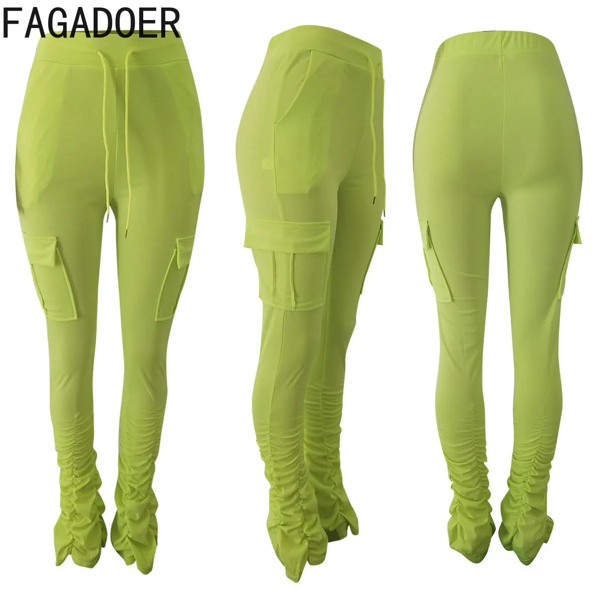 FAGADOER Casual Drawstring Solid Color Skinny Pants Women High Waisted Stacking Flare Bottoms Female With Pocket Sporty Clothing