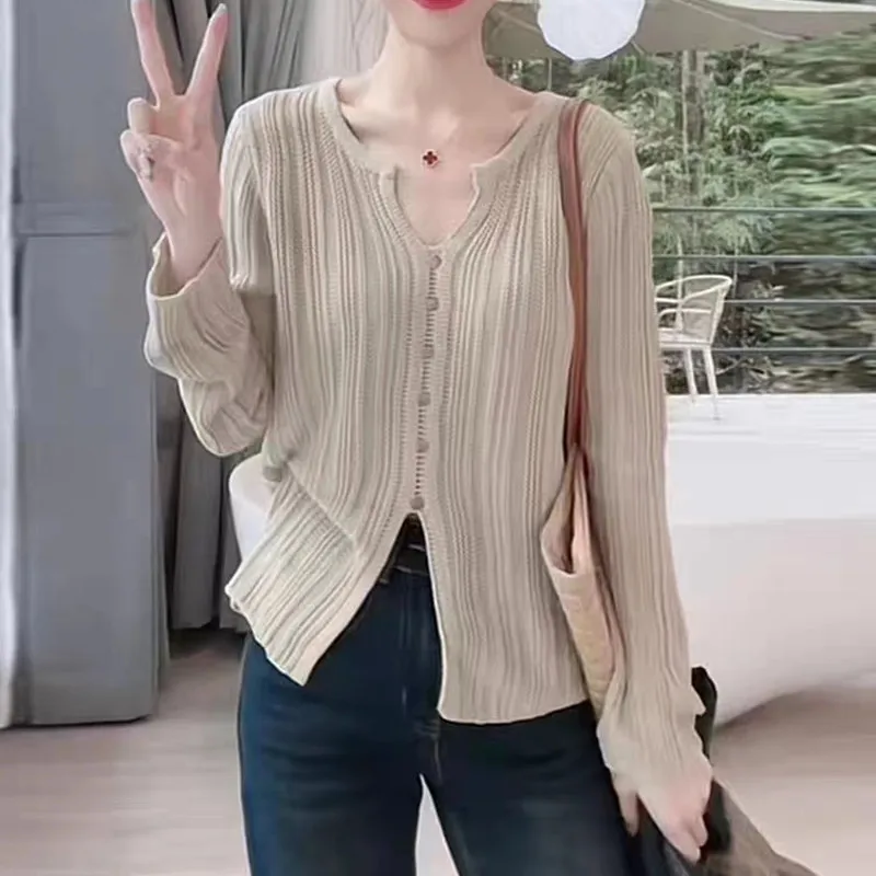 

Elegant Long Sleeve Slim Solid Clothes Korean Style Split Button Pullover Autumn Women Sweater Fashion V-neck Knitted Tops 29198