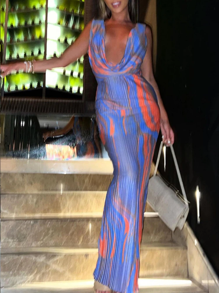 

Sunny Deep V Sexy Maxi Dresses Elegant Party Evening Gown Mixed Color Halo Dye Backless Slim Fit Sleeveless Dress for Women