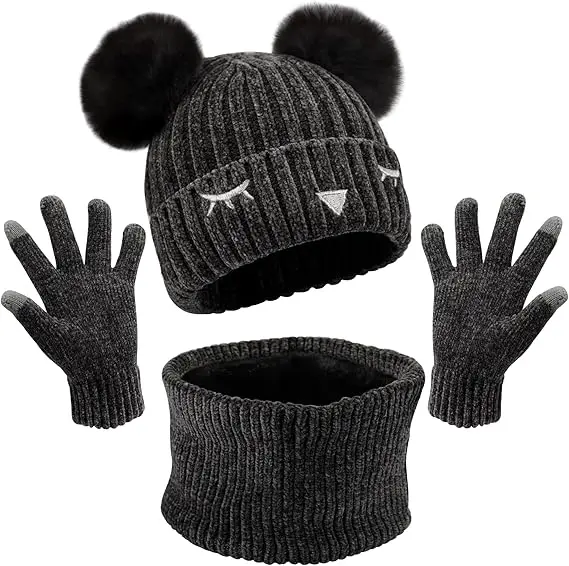 3 Pack Kids Hat Scarf Gloves Sets Winter Warm Pom Beanie Hat Fleece Lined Neck Warmer for Girls Boys 2-6