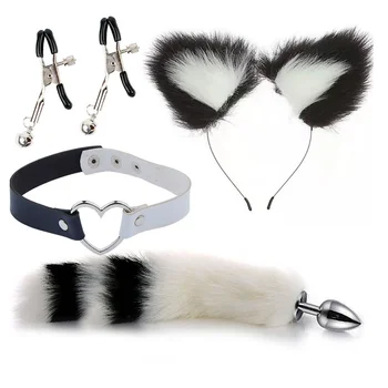 Cute Fox Tail Anal Plug Cat Ears Headbands Set Adult Games Nipple Clip Neck Collar Erotic Cosplay Sex Toys For Women Men 5