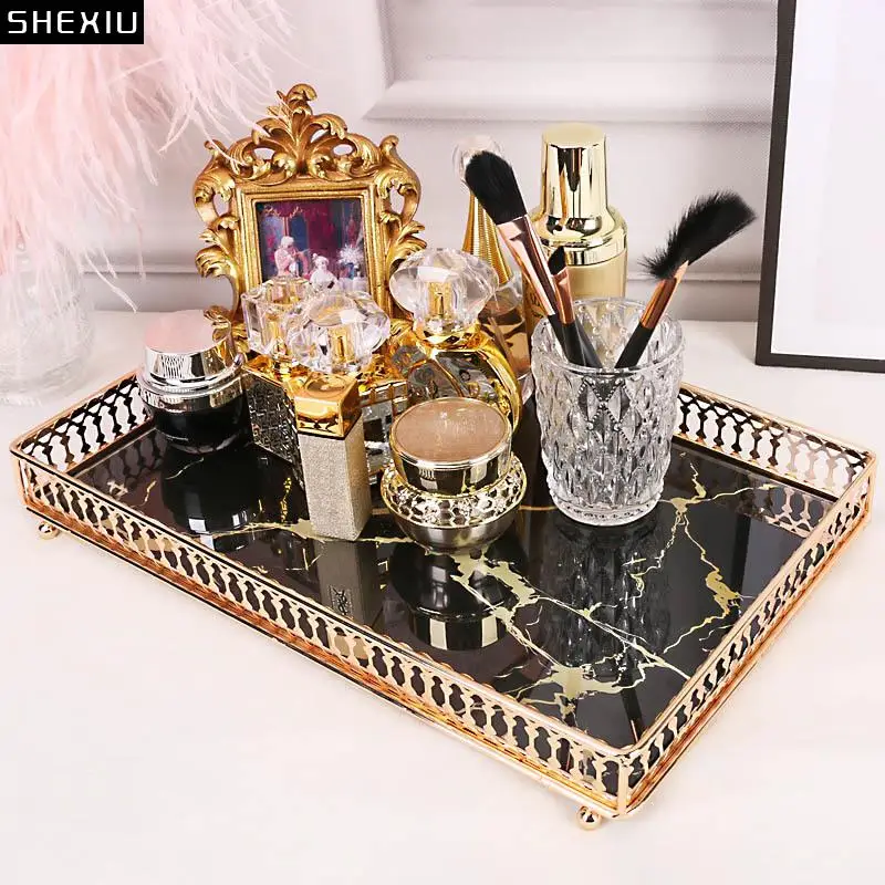 

Light Luxury Marble Agate Pattern Square Metal Tray Pastry Tea Tray Skin Care Products Beauty Skin Care Storage Tray Home Decor