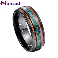 Nuncad Comfort Fit 8mm Natural Acacia Wood Ring with Letter  I Love You Green Opal Tungsten Carbide Ring For Men Name 1