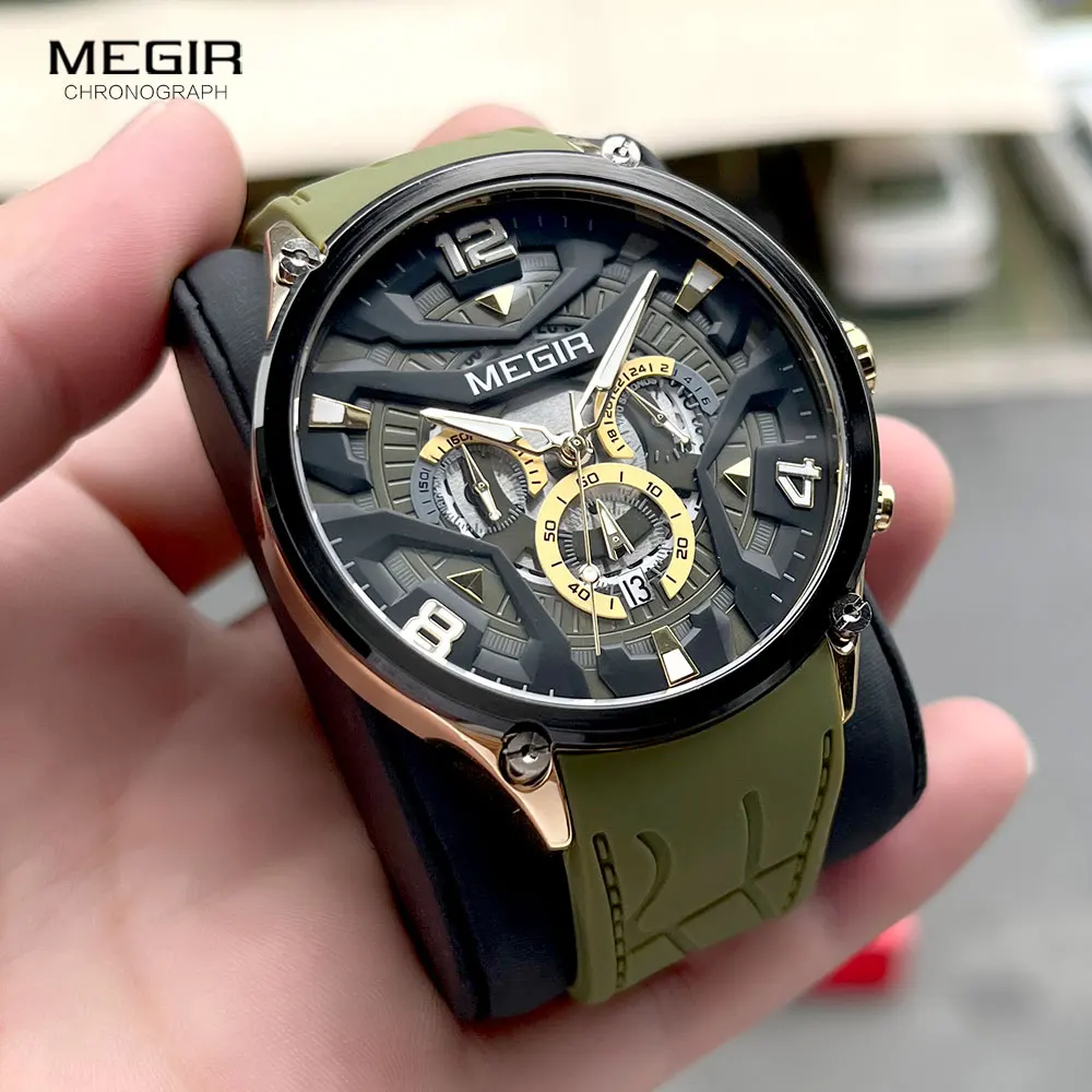 thumbnail image 2 of Men's Military Chronograph Watch - Gold Gray Leather Strap Waterproof Quartz Wristwatch 2 of 9