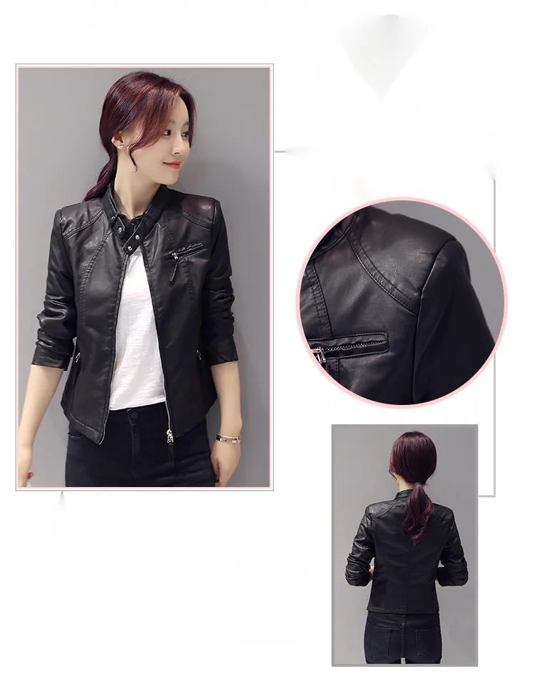 Long sleeved short washed slim fit 2024 spring and autumn zipper stand collar commuting PU leather jacket_voghion.com