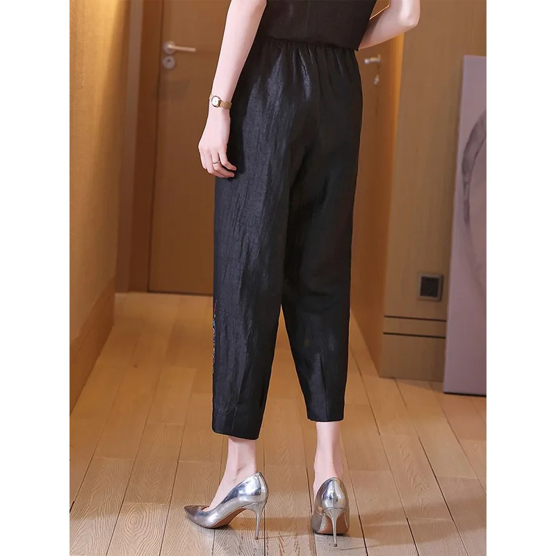 2023 New Spring and Summer High End Heavy Industry Embroidery Ethnic Style Capris Casual Loose Oversize Women's Harlan Pants