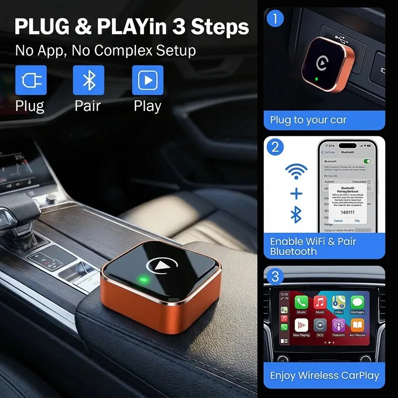 2026 신형 2in1 무선 CarPlay 어댑터&안드로이드 오토 무선 어댑터 5Ghz WiFi 타입-C/USB 플러그 앤 플레이 CarPlay 무선 카 AI 박스