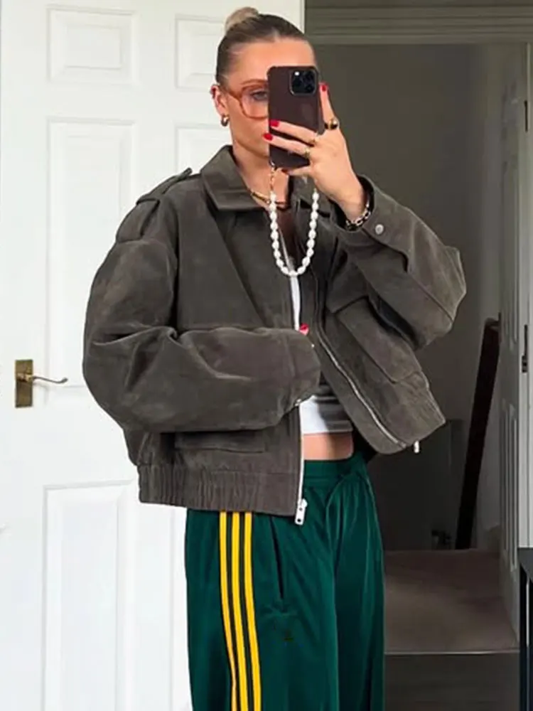 HH Women Fashion Solid Faux Suede Crop Coat Long Sleeve Lapel Zipper Jackets With Pockets Autumn Casual Office Lady Outerwear