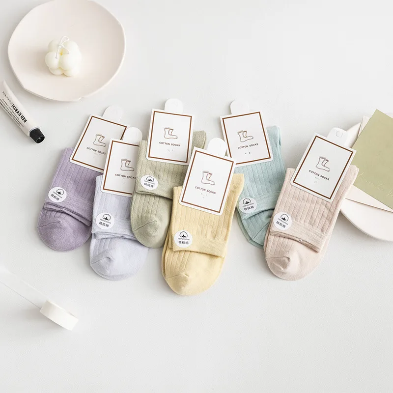 

Spring and Autumn New Mid Tube Socks Women's Candy Color Casual Solid Cotton Socks Stripped Long Tube Women's Socks