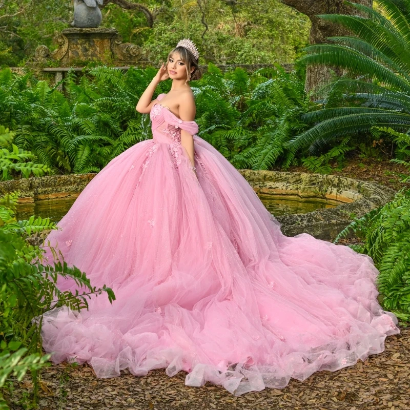 

Pink Shiny Princess Ball Gown Quinceanera Dress Off The Shoulder Applique Lace Beads Tull Sweet 16 Dress Vestido De 15 Anos