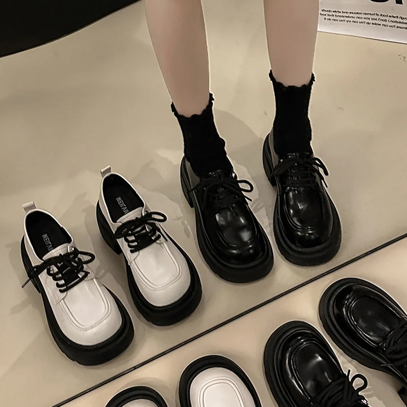 

Casual Woman Shoe Shallow Mouth Clogs Platform Oxfords Female Footwear Autumn British Style Round Toe Creepers New Leather Dress