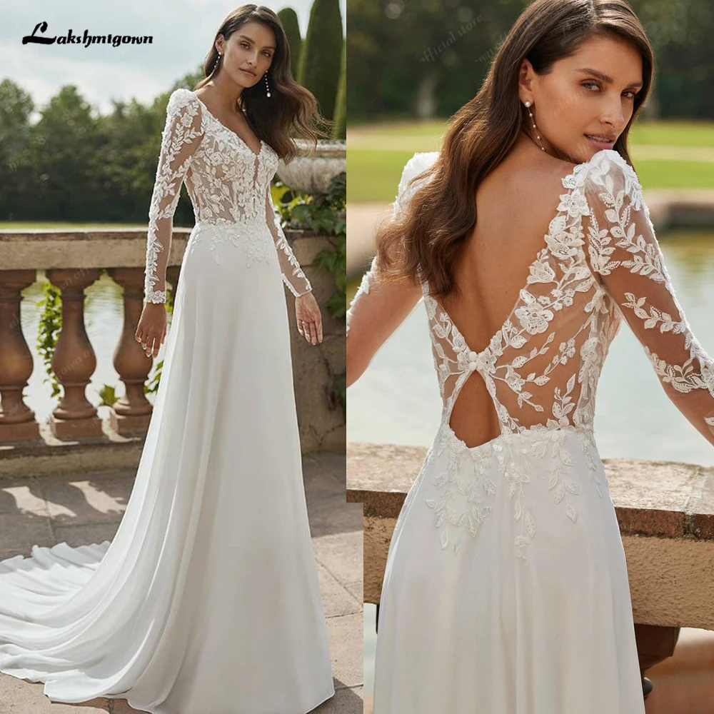 Lakshmigown Long Sleeve Wedding Dress 2026 Boho Beach Illusion Backless A Line Chiffon Bridal Gown Lace robe de mariéeCustomized