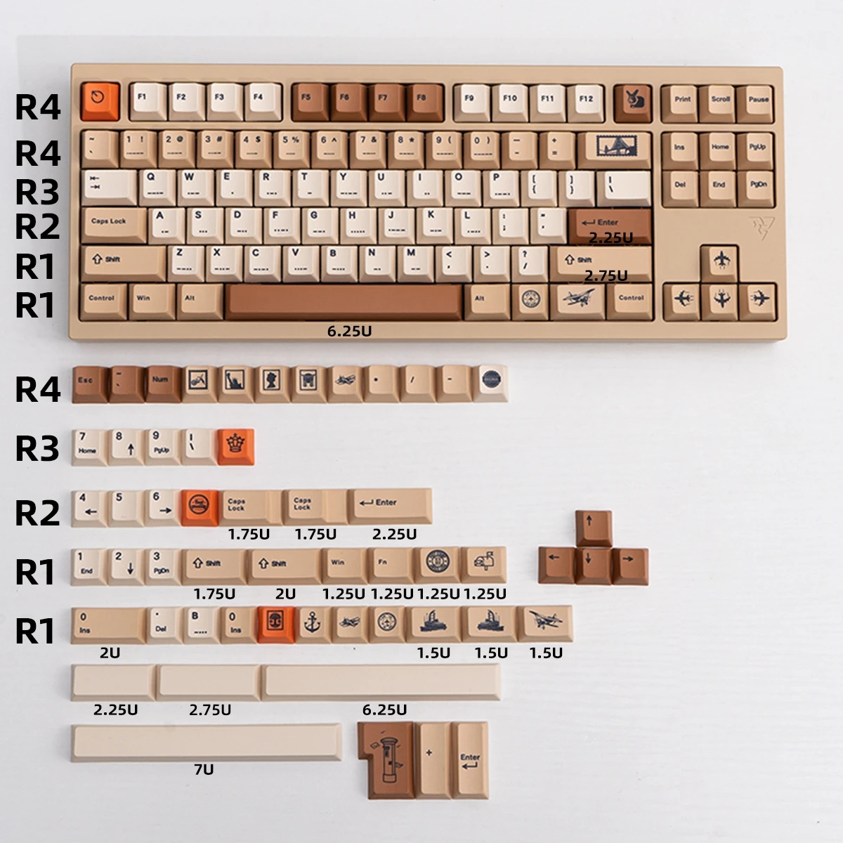 Retro Stamp Tema Keycaps com Barra de Espaço Split Sublimação Pbt Dye Caps Chave Lightproof Perfil Cherry 1.75u 2u Shift Set - Imagem 3