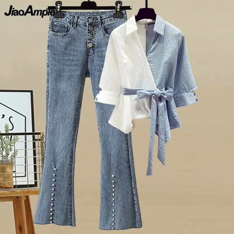 Women's 2024 Spring New Loose Shirt+Wide Leg Jeans Pants Two Piece Suit Korean Elegant Splice Blouse Denim Trousers Matching Set