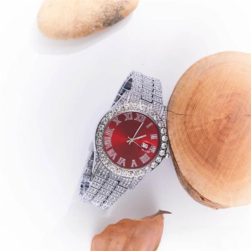 Popular Business Men's Faux Diamond-studded Steel Strap Watch, Fashion Hip-hop Street Culture Cuban Bracelet 3