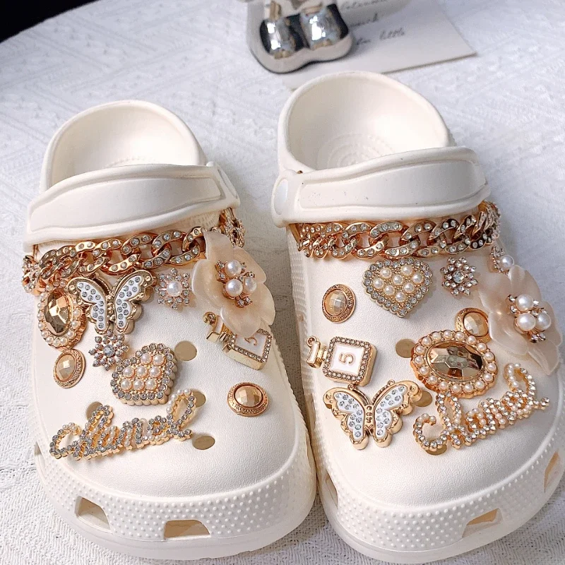 Shoe Charms DIY Pins Butterfly Diamond Pearl Chain Decoration Buckle Hole Shoe Charms Set Accessories Kids Girls Gift