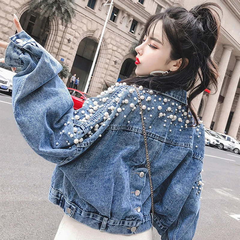 

Pearls Long Sleeve Crop Jacket Women 2023 Autumn Turn Down Collar Loose Short Coat Woman Single-breasted Jeans Jackets