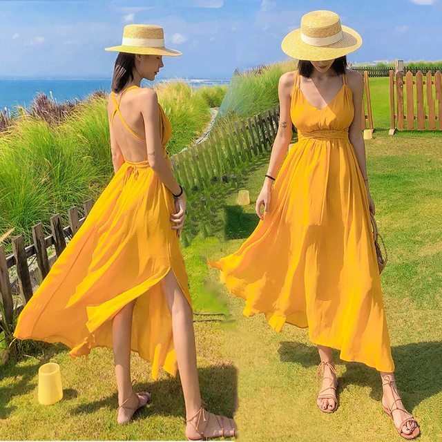 Summer Chiffon Long Dress Sexy Backless Beach Dresses Halter Strapless  Yellow Sundress Vacation Clothes For Women - AliExpress