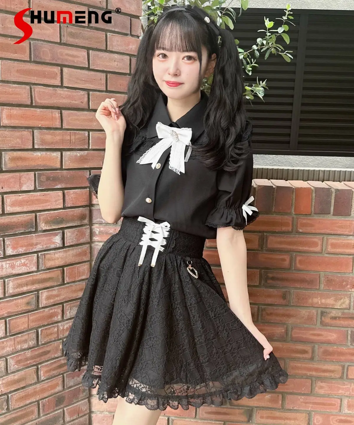 Japanese Style Rojita Lolita Shirt Short Sleeve Mine Series Mass-Produced Lace Stitching Ruffle Sleeve Bowknot Tops for Women