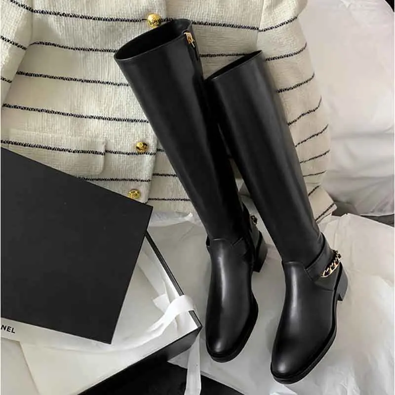 

Chain Block Heel Side Zip Knee Boots Black Round Toe Rider Botines Leather Mid Botas Femininas Women Shoes Zapato de Tacón