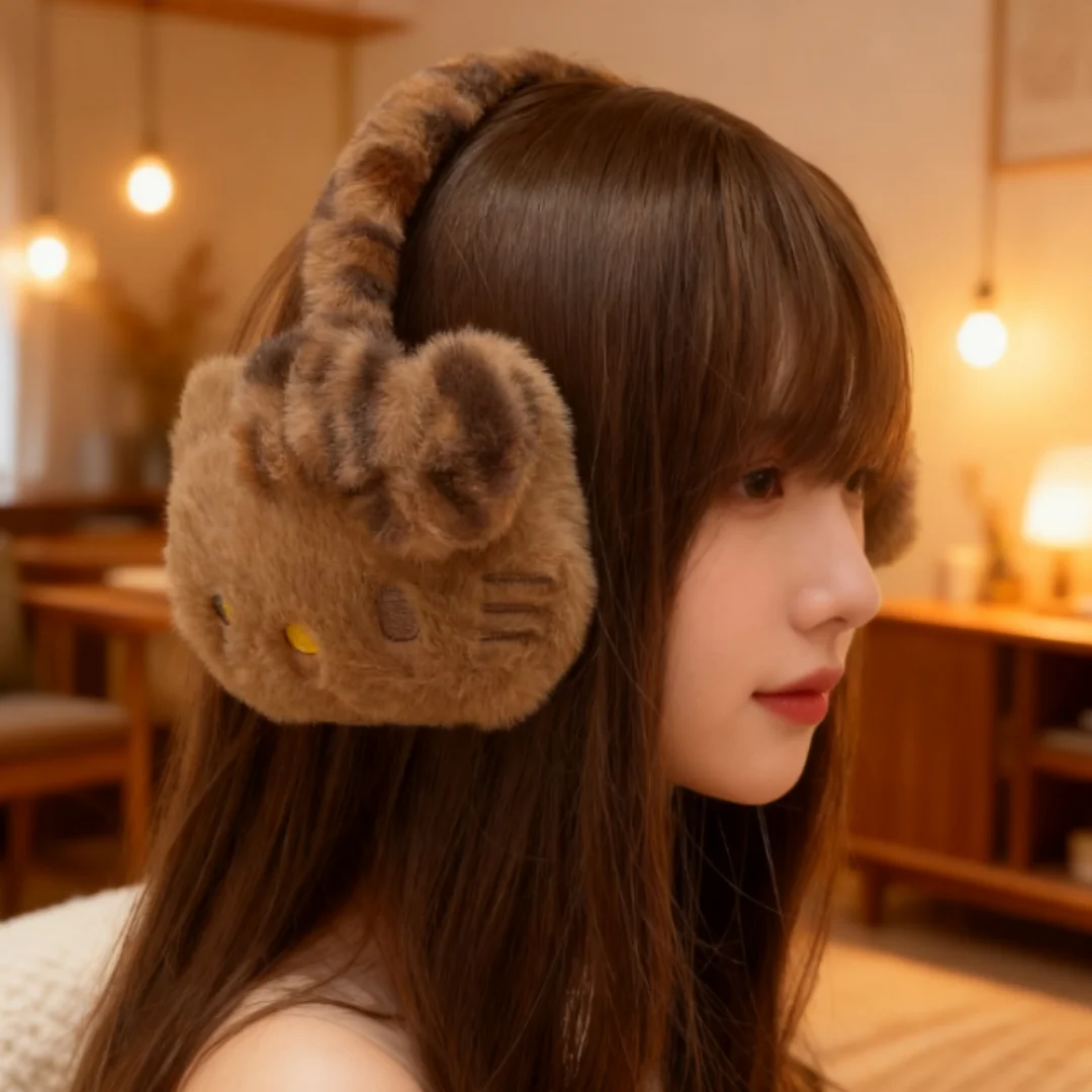 Cache-oreilles Hello Kitty en cuir noir Y2K, pour la chaleur et la Protection des oreilles, mignon chat KT, antigel, cadeau pour enfants - AliExpress