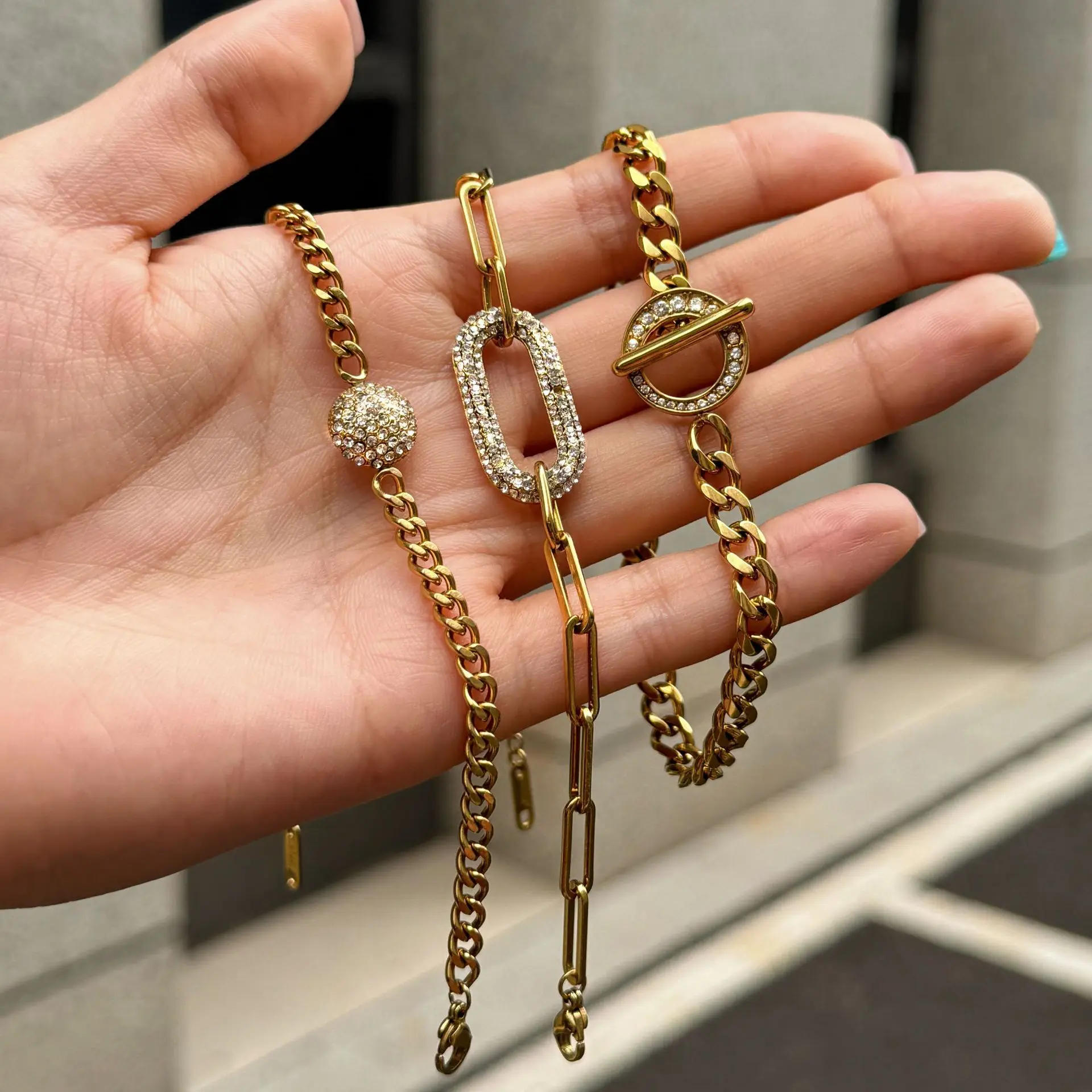 Occident Style Pave CZ Zircon Geometric Bracelet Sparkle 18K Gold Plated Metal Chain Hypoallergenic Bracelets Punk Jewelry Gift