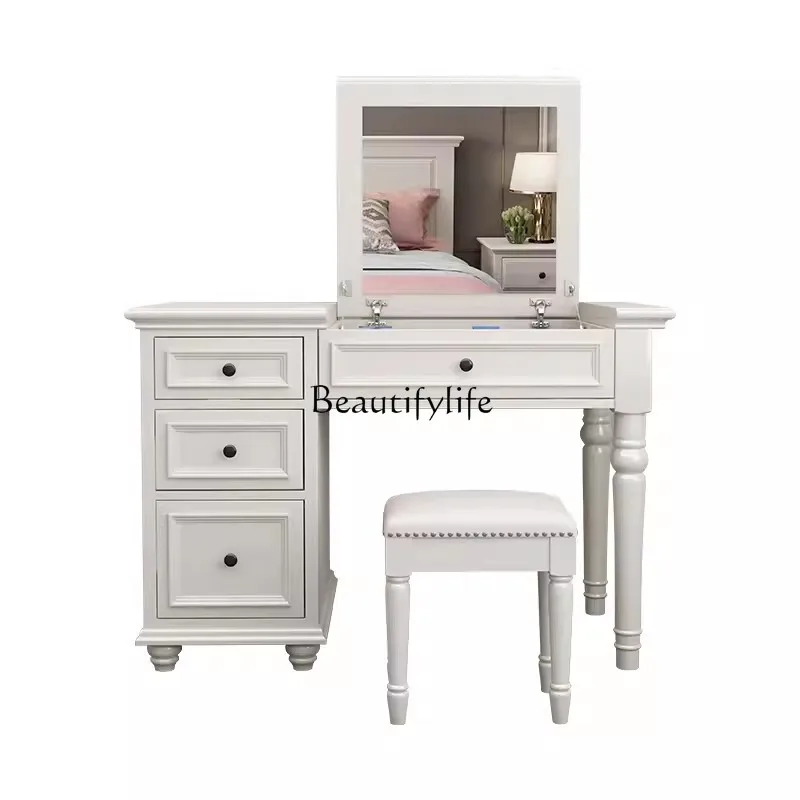 

American-Style Solid Wood Dresser Modern Minimalist Locker Integrated Light Luxury High-Grade Flip Case Makeup Table