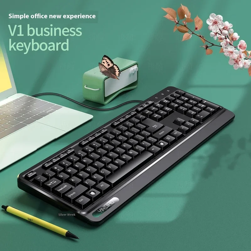 V1 104 키 키보드 및 마우스 세트, 비즈니스 사무실 유선 노트북 데스크탑 USB 사무실 컴퓨터 액세서리, 개인 모델 도매