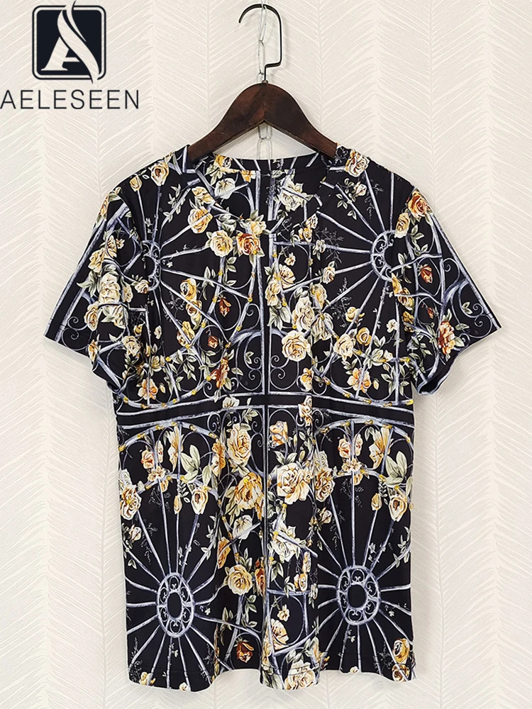 

AELESEEN Women Summer T-Shirt Design Fashion Yellow Flower Print Royal Beading Crystal Holiday Vacation