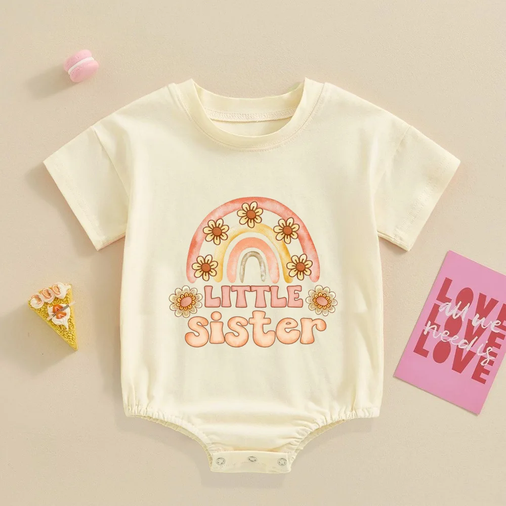 Big Sister Little Sister Rainbow Shirt Retro Sibling Matching Outfit Kids Short Sleeve T-shirt Tops Baby Large Bubbles Romper 6
