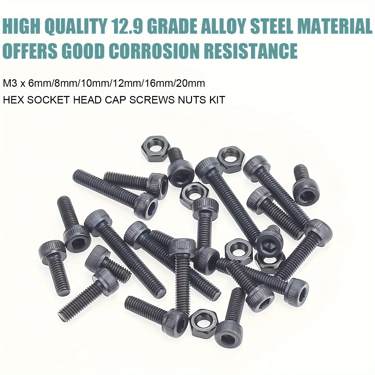 300 M3 x 10mm/16mm/20mm/25mm/30mm 12.9 grade alloy steel hexagon socket head bolt and nut kit screw bolt nut set hexagon socket head cap screw hex nuts assortment kit