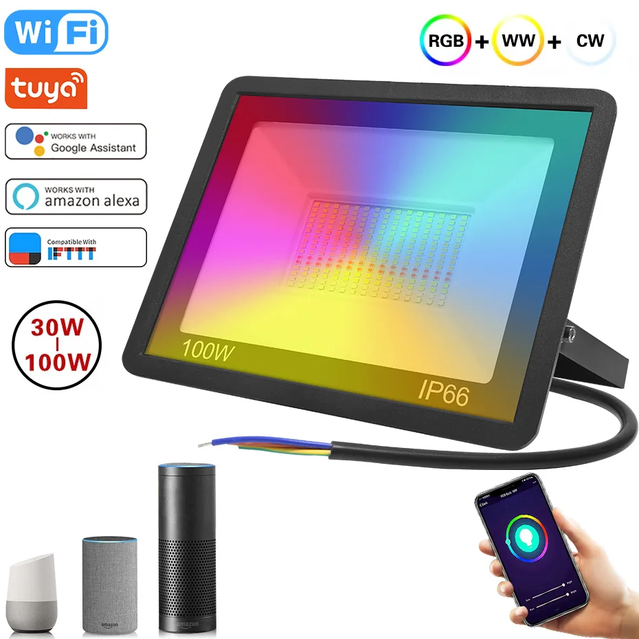 

Светодиодные прожекторы Tuya WiFi AC 220V Умные RGB прожекторы 30W 50W 100W APP голосовое управление dimable Flood Light наружный водонепроницаемый