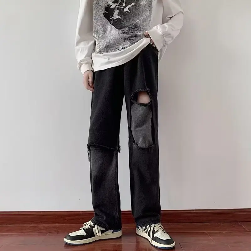 

Hip Hop Wide Leg Jeans Men Loose Straight Leg Pants Casual Pants Vintage Ripped Denim Trousers Y2k Boyfriend Jeans for Women