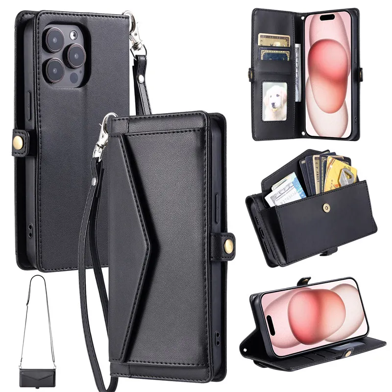Elegant Leather Flip Stand Phone Case with Crossbody Handbag and Wallet Card Holder Feature