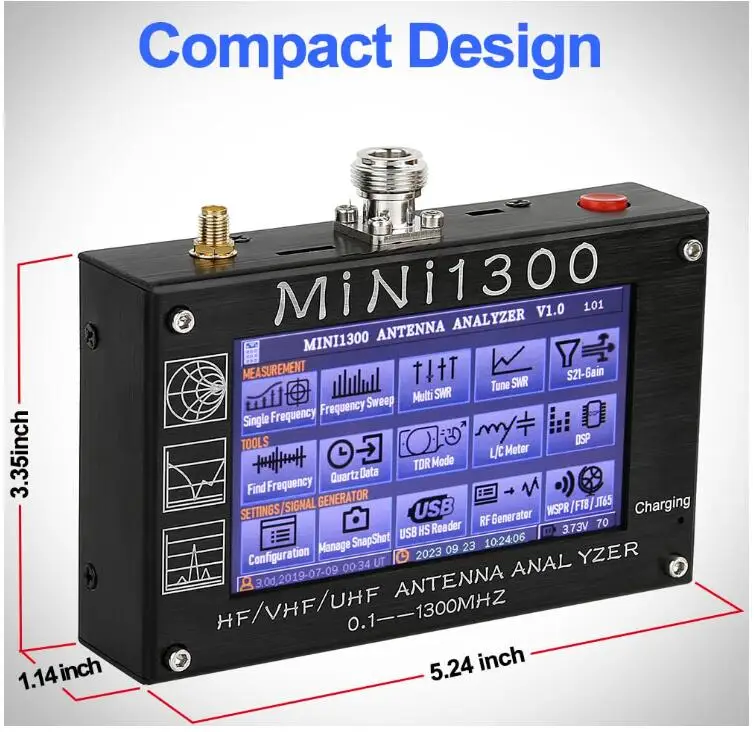 UV + HF 미니 1300 4.3 인치 터치 LCD, 0.1-1300MHz 13.GHz HF VHF UHF ANT SWR 안테나 분석기 미터, 충전식 배터리