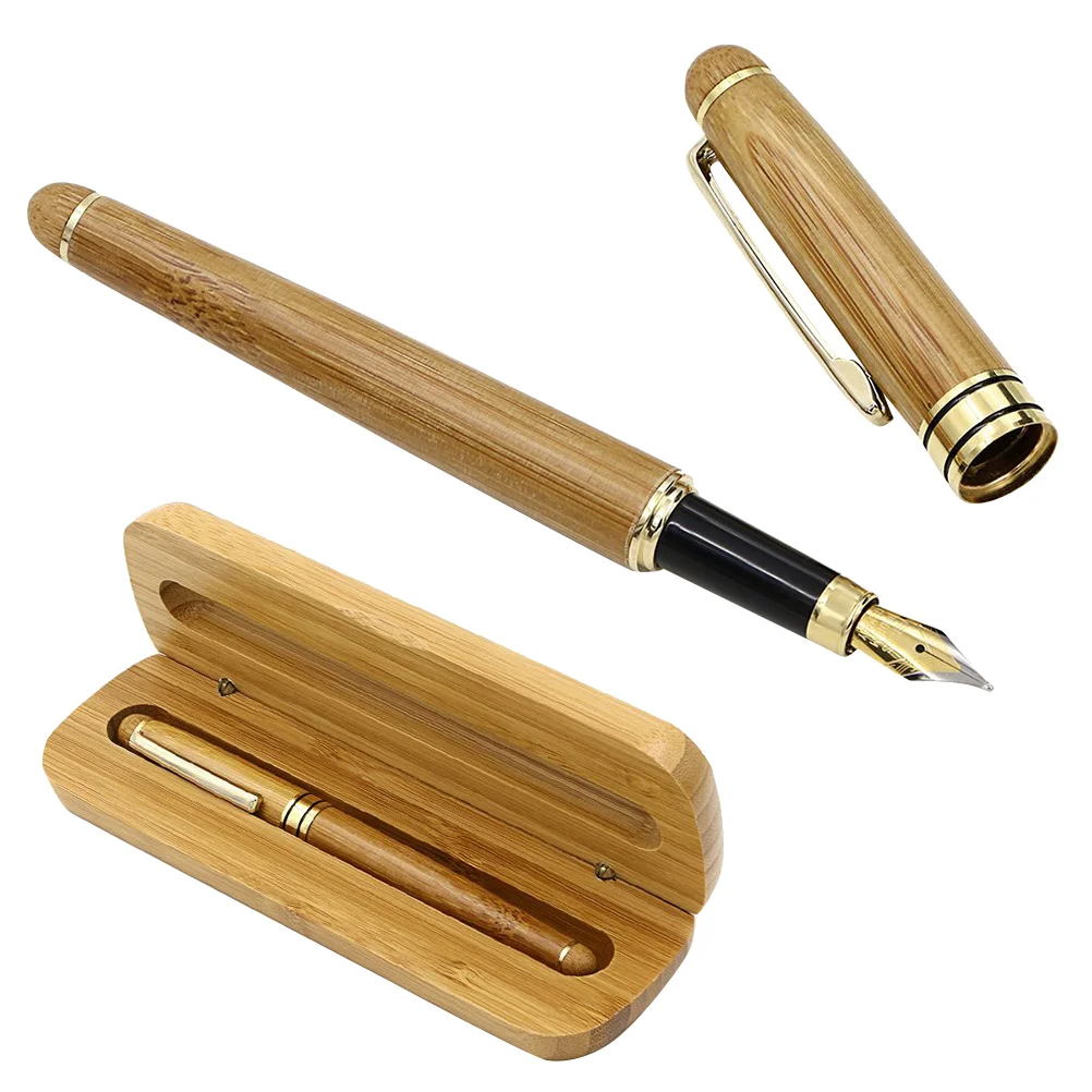 Medium Fountain Pen Natural Bamboo Writing Pen with Converter and Case (Red Packed)