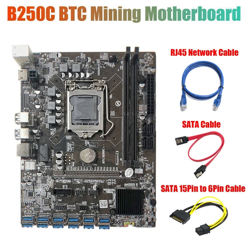 

Материнская плата для майнинга B250C + кабель SATA 15Pin-6Pin + кабель RJ45 + кабель SATA 12 pcie на USB 3,0 слот GPU LGA1151 DDR4 для BTC