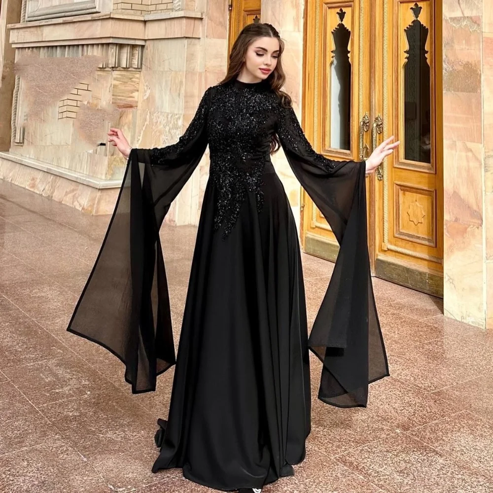 

Chiffon Applique Sequined Beading Ruched Valentine's Day A-line High Collar Bespoke Occasion Gown Long Dresses