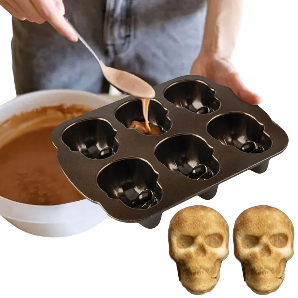 Halloween Skull Cake Pan Molds 6 Cavity 3D Skull Mold Non-Stick Skeleton Chocolate Molds Stainless Steel for Home Kitchen