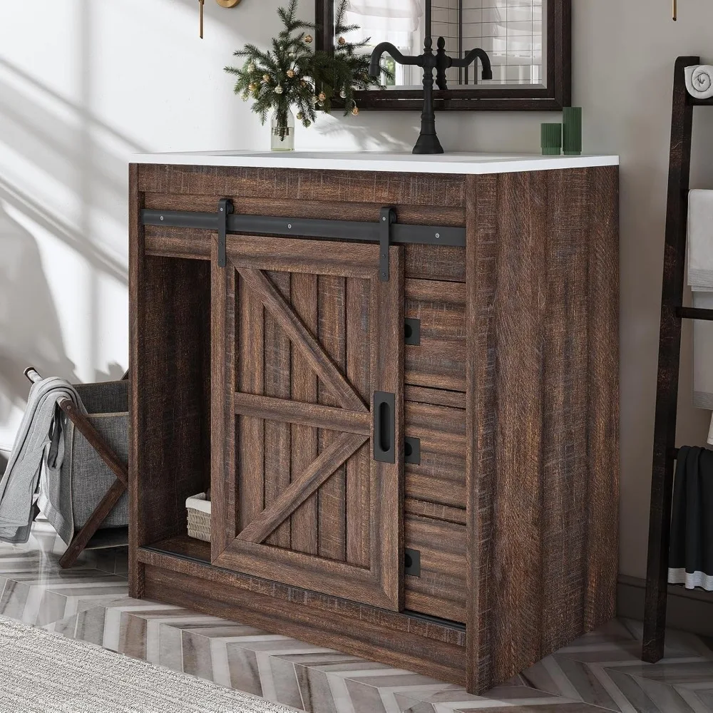 31 Inch Farmhouse Sliding Barn Door Bathroom Sink with Sink Combination, Drawers and Metal Handles 4